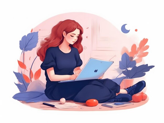 Photo remote work freelance vector illustration working on laptop at her house