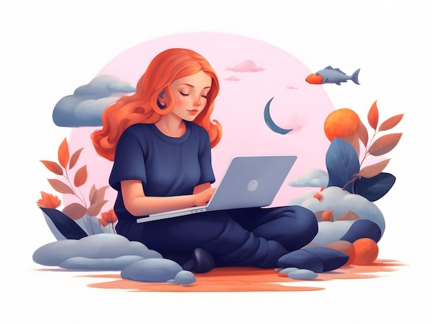 Photo remote work freelance vector illustration working on laptop at her house