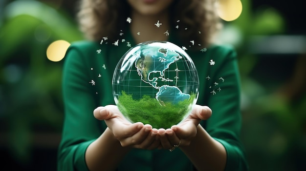 リモートワーク ハーモニー 写真 リアルなシーン ビジネス 女性 手で地球を握る オフィス 地球の日 コンセプト ジェネレーティブAI
