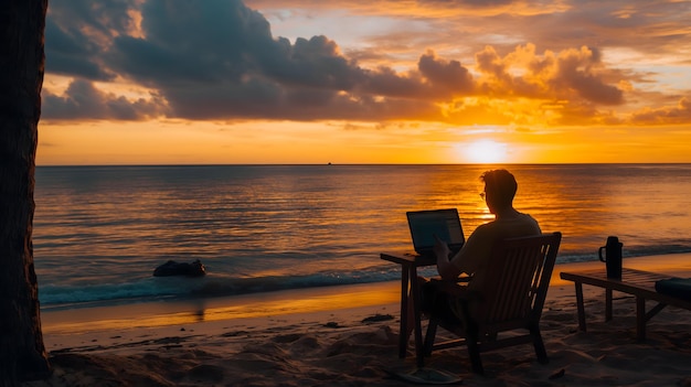 Photo remote work paradise a professionals sunset beach office setup