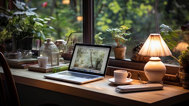 Photo remote work setup with laptop on home desk