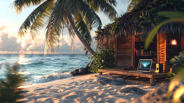 Photo remote worker coding on laptop in tropical beach hut workparadise blend in inspiring setting for r