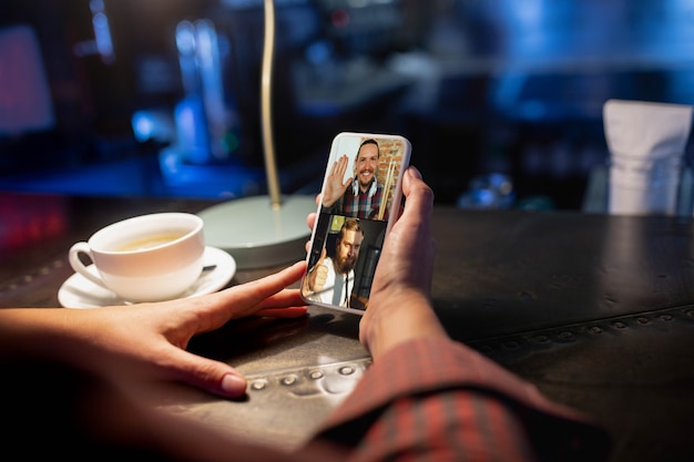 Remote working workplace in bar restaurant office with pc devices and gadgets