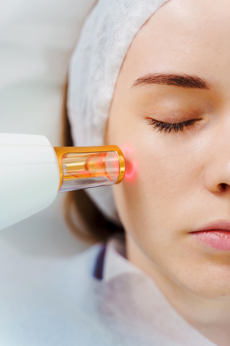Photo removal of small vessels on patient face with laser equipment laser treatment of rosacea with ipl equipment by beautician