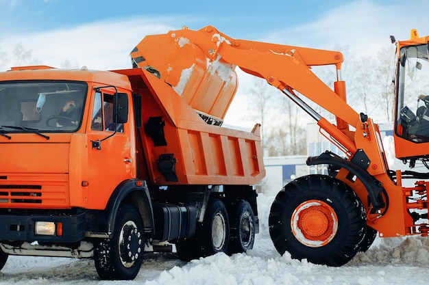 Removal of snow from streets after snowfall tractor loads\
bucket of snow into truck work of utilities in winter