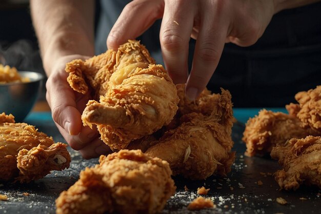 Photo removing freshly fried chicken