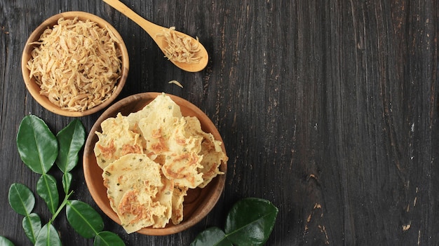 Rempeyek or Peyek Rebon is a Deep Fried Savoury Javanese Cracker Made from Rice flour and Udang Rebon