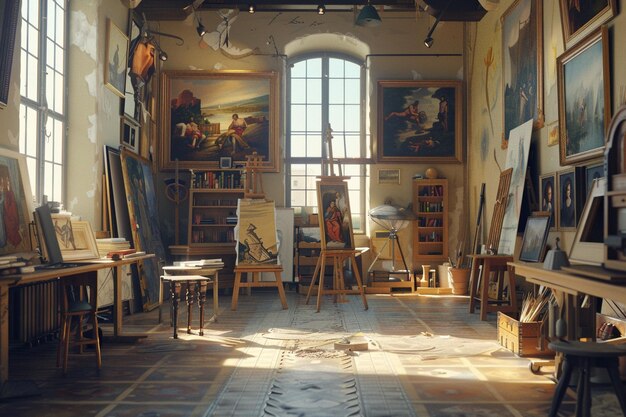 Renaissance art studio with painters from differen