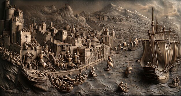 Renaissance cityscape with bustling maritime activity