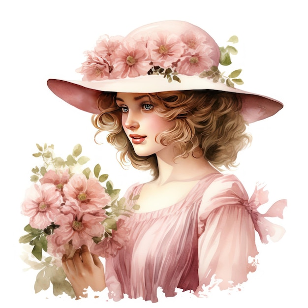 Renaissance Daisy Floral Lady in Pink Dress and Hat in Exquisite Watercolor Clipart