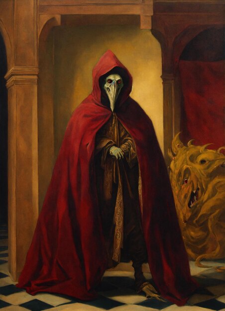 Renaissance oil painting of a scary creature wearing a cloak behind the creature is a maroon wall