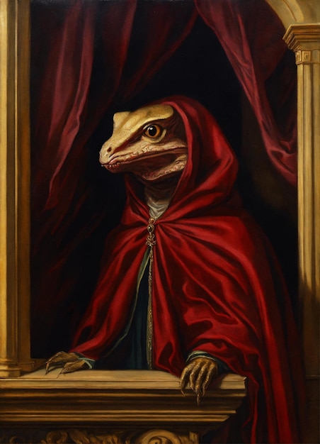 Photo renaissance oil painting of a scary creature wearing a cloak behind the creature is a maroon wall