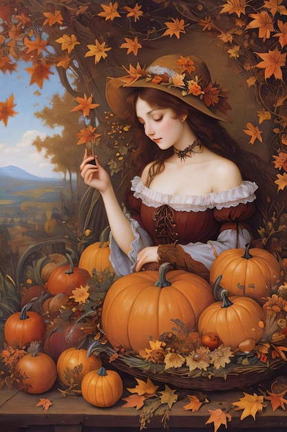 Renaissance stijl herfst illustratie van het heksenmeisje met pompoenen