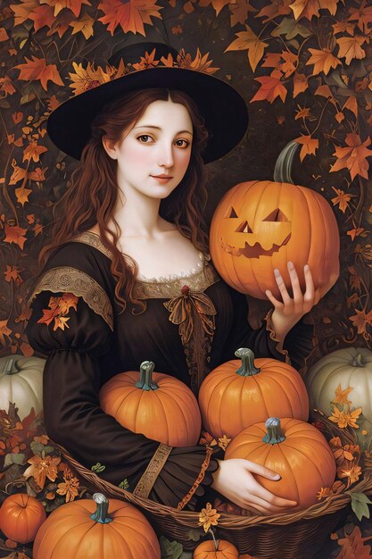 Осенняя иллюстрация девушки-ведьмы с тыквами в стиле ренессанс