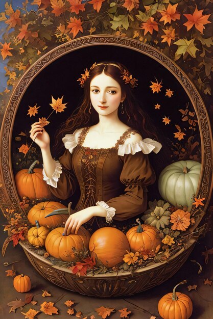 Renaissance Style Autumn Illustration of the Witch Girl with Pumpkins