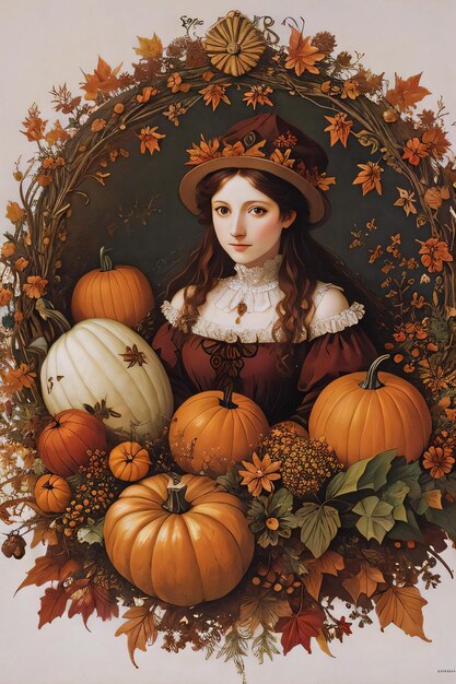 Renaissance Style Autumn Illustration of the Witch Girl with Pumpkins