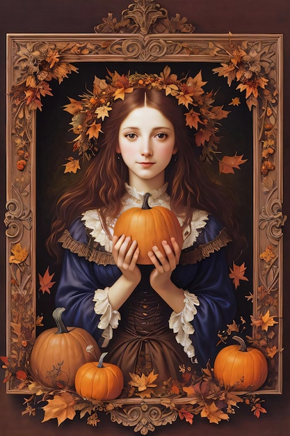 Renaissance Style Autumn Illustration of the Witch Girl with Pumpkins