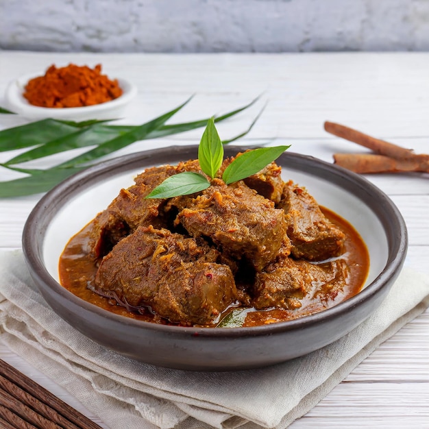 Foto rendang daging of rundvlees rendang kip rendang traditioneel gerecht meestal geserveerd tijdens eid festival en normale dag