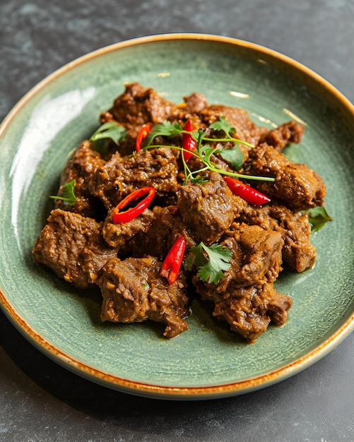 Rendang with sliced chilies on a light green plate on a gray table background