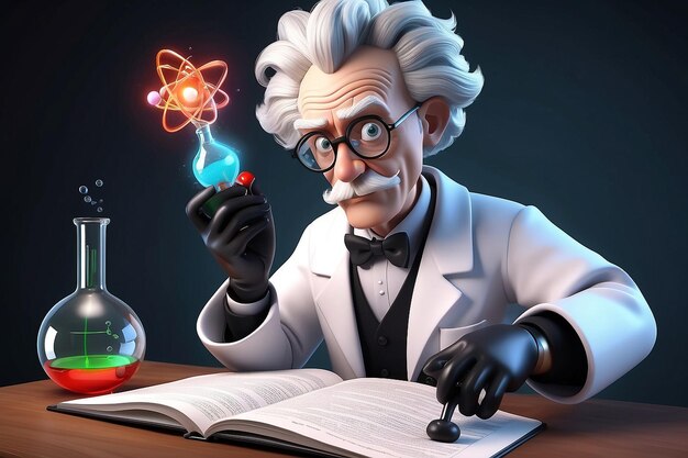 Foto render di un personaggio di professore scienziato pazzo 3d che studia un atomo