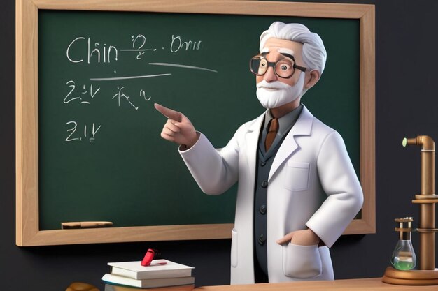 Render of a 3d Scientist character teaching at a chalkboard