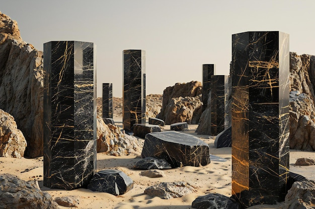 Photo render of black marble columns on the sand in the desert