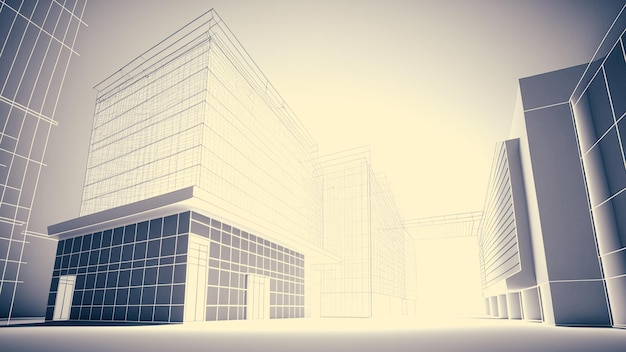 Photo render of building wireframe