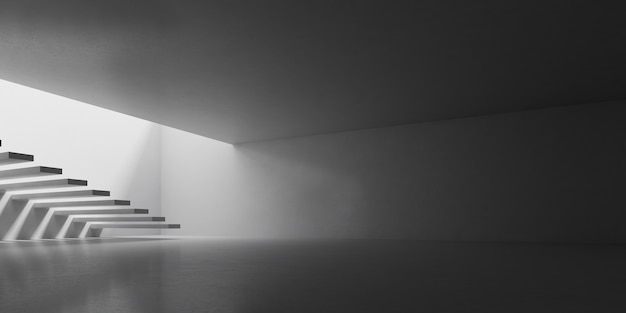 render of concrete room with shadow on the stair.