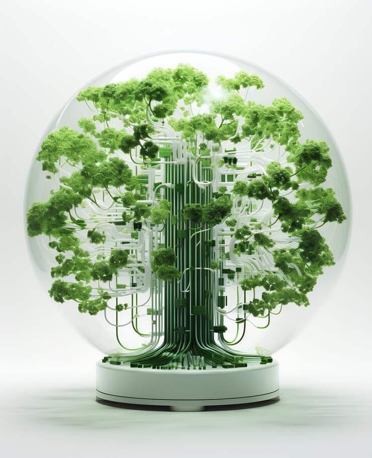 Photo render of data cables in form of trees with green leafs