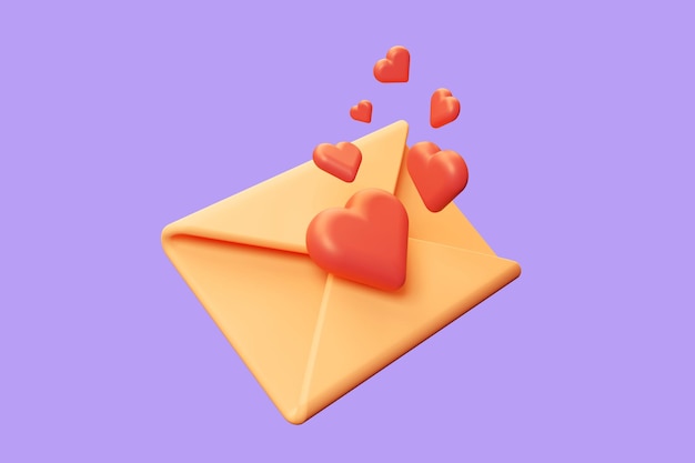 Render of email envelope with flying hearts isolated on purple background 3d Cartoon illustration