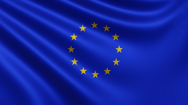 유럽 연합 깃발의 렌더링 바람 근접 촬영에서 펄럭이는 유럽 연합 4k에서 펄럭입니다