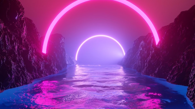 Render in 3D minimalistische neon achtergrond futuristisch landschap met water en gloeiende boog
