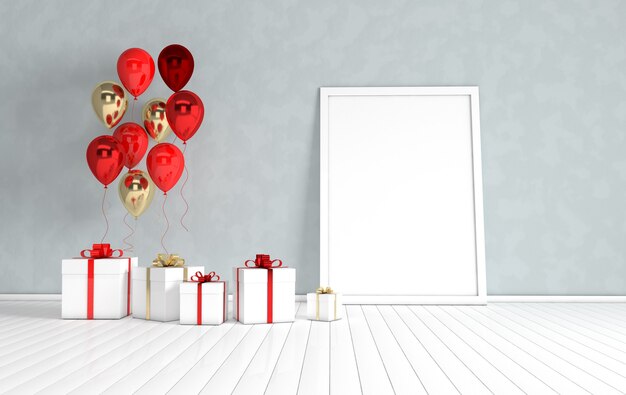 Photo render interior with gold and red balloons gift box poster in the room