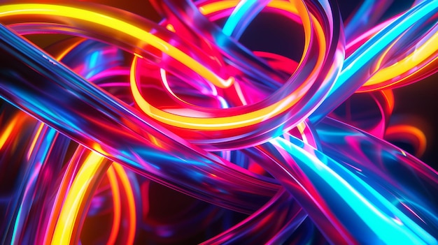 Photo render of a neon neon background with tangled ribbon glowing at night in 3d