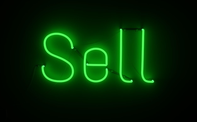 사진 판매 네온 판매를 나타내는 녹색 비문 판매와 밝은 밝은 네온 사인의 렌더링