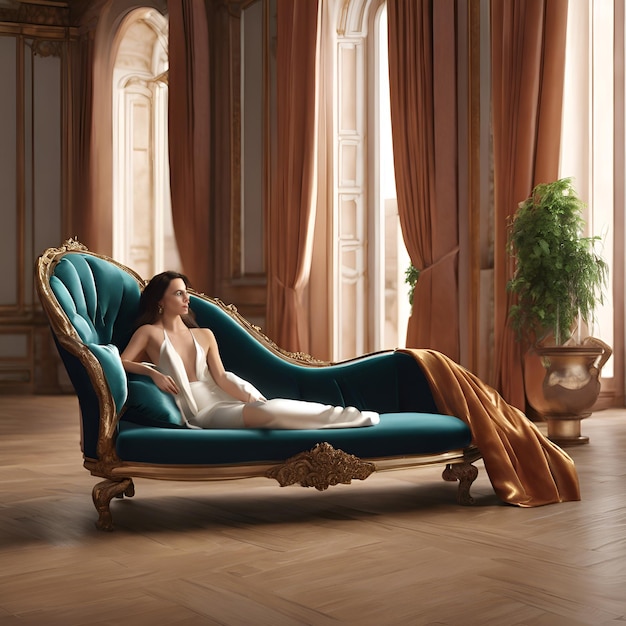 Photo render a photorealistic image of a model lounging on a luxurious velvet chaise longue draped in el