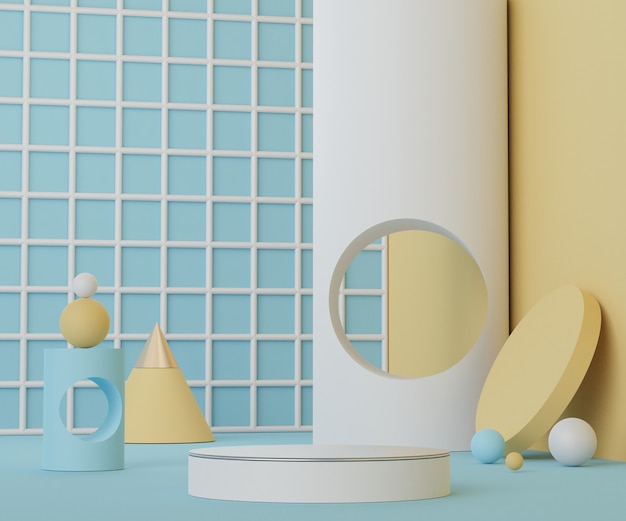 Render scene of geometric minimal shapes and podium