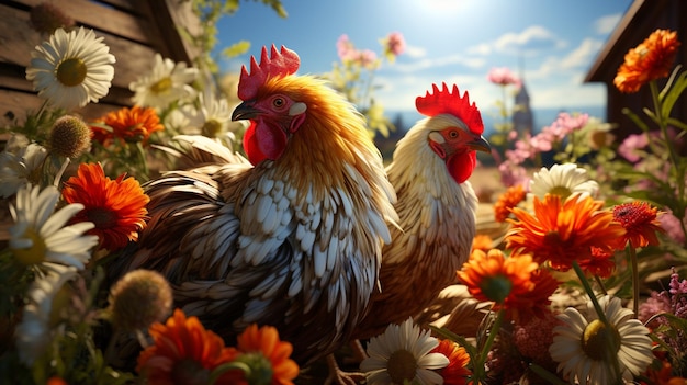 Photo render a scene of happy chickens freely roaming wallpaper