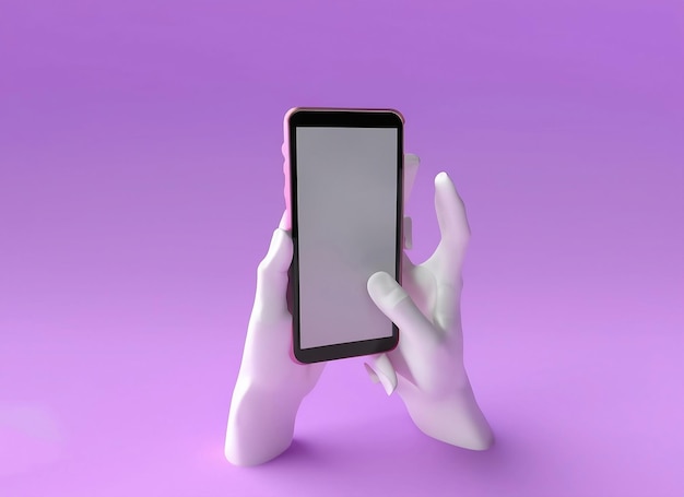 render smartphone in hand with finger on screen holding phone in two hands phone