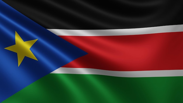 南スーダンの国旗のレンダリングが風になびいて南スーダン 4 k の国旗をクローズ アップ