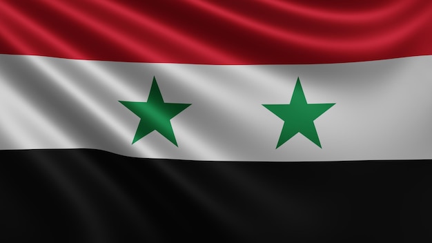 Render of the Syria flag flutters in the wind closeup the national flag of Syria in 4k resolution