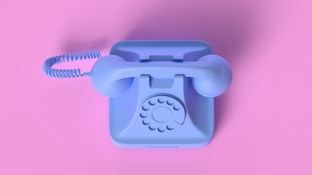 Render van blauwe vintage telefoon geïsoleerd op roze background