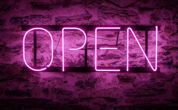 Render van helder neonbord open paars bijschrift dat winkel pub restaurant bedrijf aangeeft Violet neon