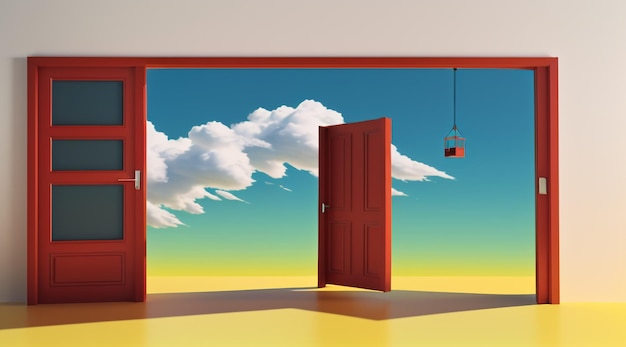 Render of White Cloud Open Red Door and Objects Isolated on Bright Yellow