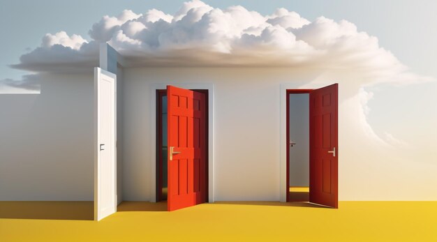 Render of White Cloud Open Red Door and Objects Isolated on Bright Yellow