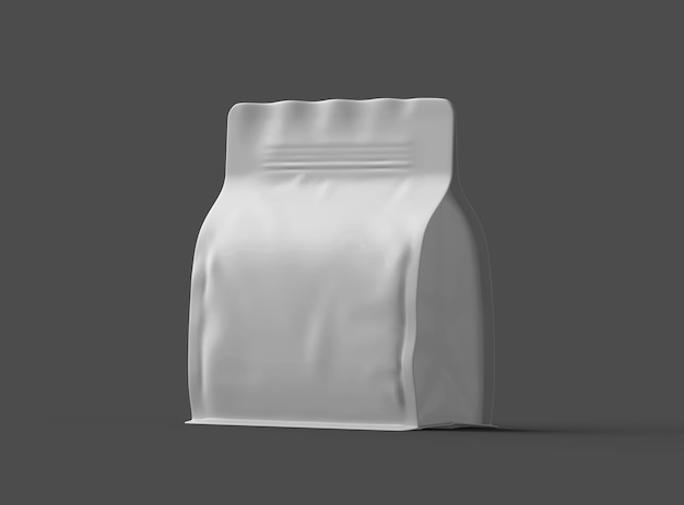render of a white glossy square doypack package with zipper on dark background