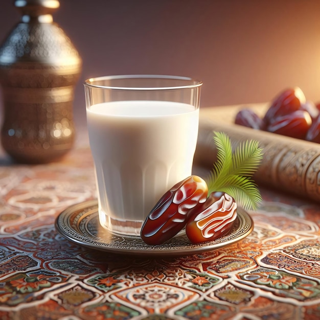 Rendered 3D scene Milk glass date on table symbolizes end of Ramadan fast