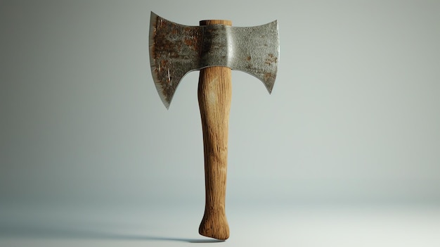 Photo a rendered image of a rusty doublebladed axe with a wooden handle the axe is in focus and centered in the image with a white background