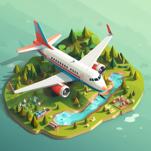 Rendered isometric illustration on the theme of aircraft pixelated fresh colors 3D with focus on