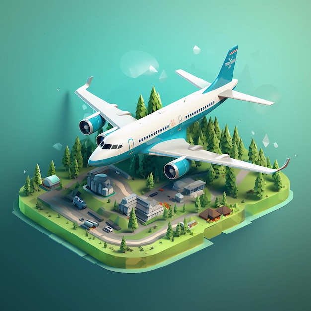 Rendered isometric illustration on the theme of aircraft pixelated fresh colors 3D with focus on